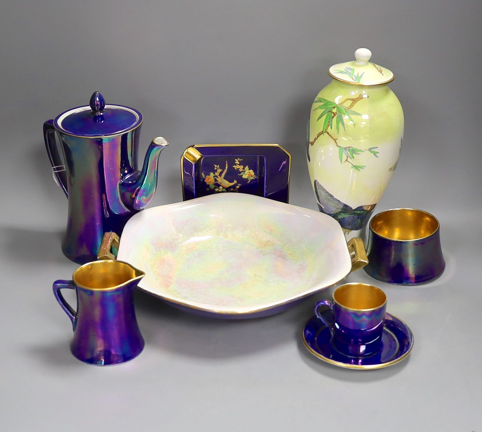 A Carlton ware lustre coffee set for six, two handled bowl, ash tray and ‘kingfisher’ vase and cover, 24cm tall